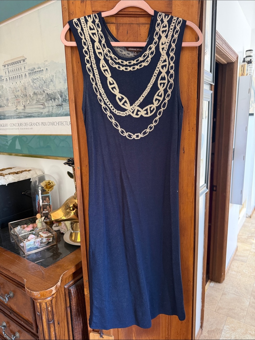 Adrienne Vittadini Navy Dress with Cream Chain Motif